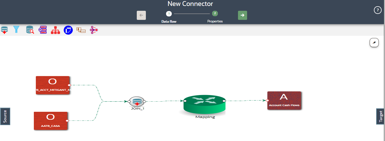 Description of New Connector Window This illustrations displays New Connector window where can select the required ADI and the drag it to the canvas. You can then link the input and output nodes.