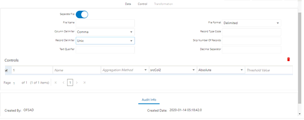 This illustration displays the External Data Descriptor Controls Tab information. If data needs to be reconciled post-loading, then click the Control tab.  In this version, only the Number of Records controls is possible.