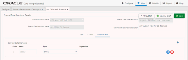 This illustration displays the Transformation tab information. To  transform the EDD click the Transformation tab.