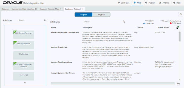 This illustrations displays the Logical View where you see the following attributes, List with the logical name, Description, Domain, and List of values.