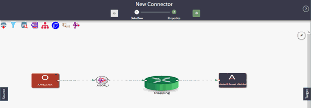 This illustrations displays the New Connector Window. Here you can add aggregation to three EDDs and drag three aggregation components.