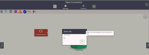 This illustrations displays new connector window with a Specify Alias dialog box.