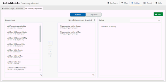 This illustrations displays Publish and Unpublish window with all the saved and unpublished connector details.