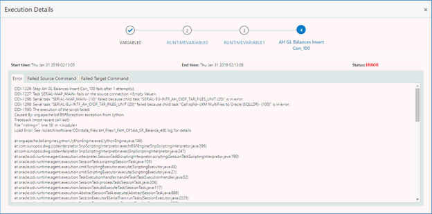 This illustrations displays the error details, failed source command and failed target command.