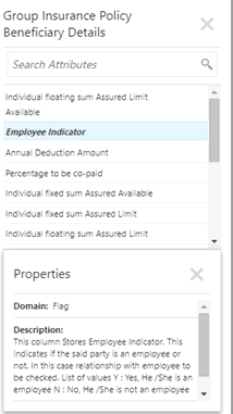 This illustrations displays the attribute properties. The Properties panel displays the Domain Name, Attribute Description, and List of Values sourced from the respective data model. This illustrations displays the attribute properties. The Properties panel displays the Domain Name, Attribute Description, and List of Values sourced from the respective data model.