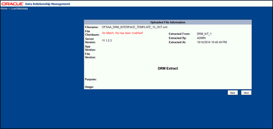 Description of DRM uploaded file information window follows This illustration shows the DRM Uploaded File Information. You can verify the details and click Next.