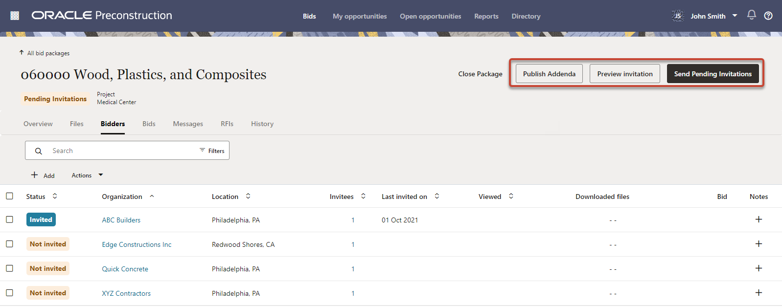 A screen shot of a bid package's details. Buttons are present to publish addenda and send pending invitations.