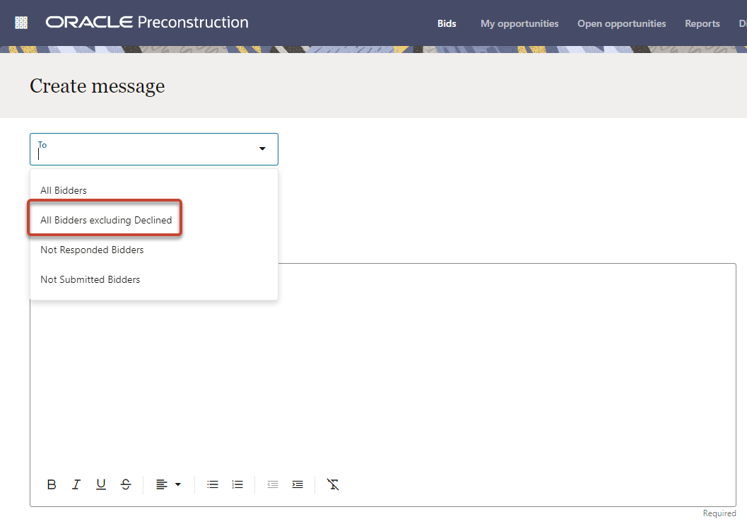 A screen shot of the create message window. A new options is available to send to all excluding declined.