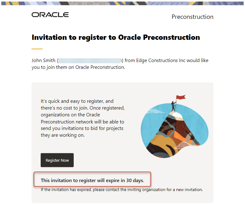 A screen shot of an invitation to register in Oracle Preconstruction. The invitation expires in 30 days.
