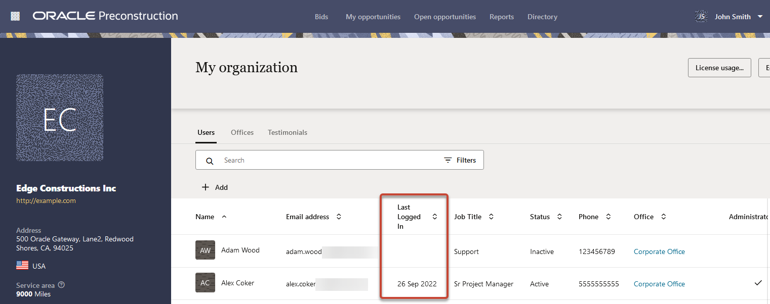 A screen shot of the My Organization page. A column is present for the Last Logged In date
