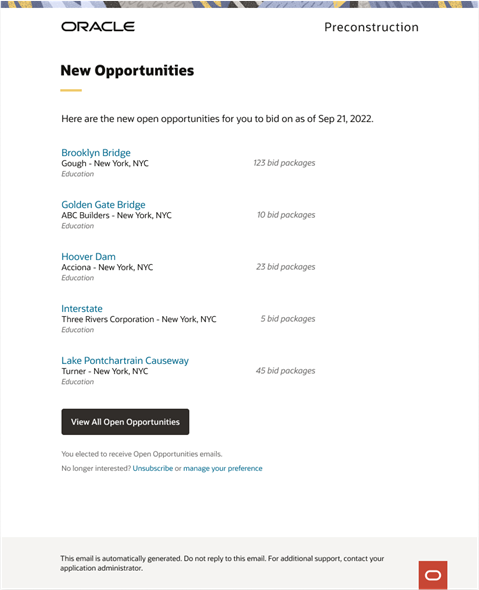 A screenshot of an email showing projects with open opportunities.