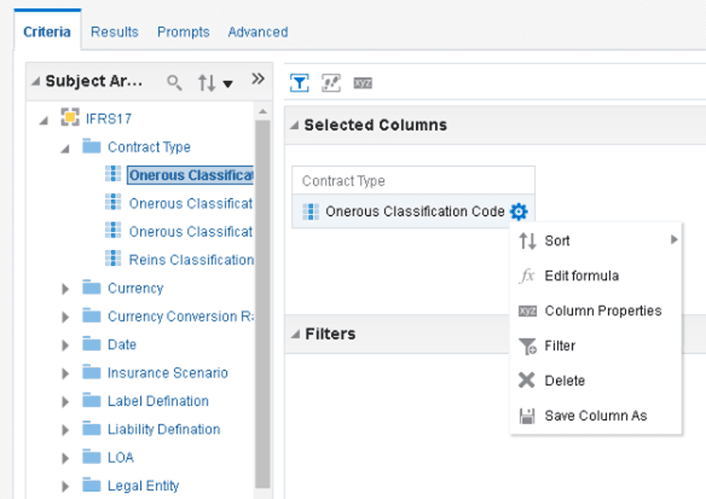 Description: This image illustrates the Criteria tab. In the selected columns pane, you must select the onerous calculation code and then select Edit formula.