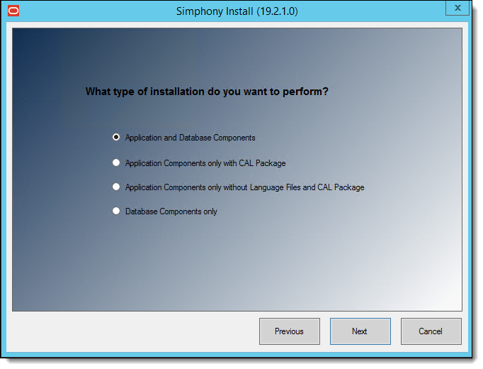 This figure shows the Simphony Install wizard page where you select the installation type.