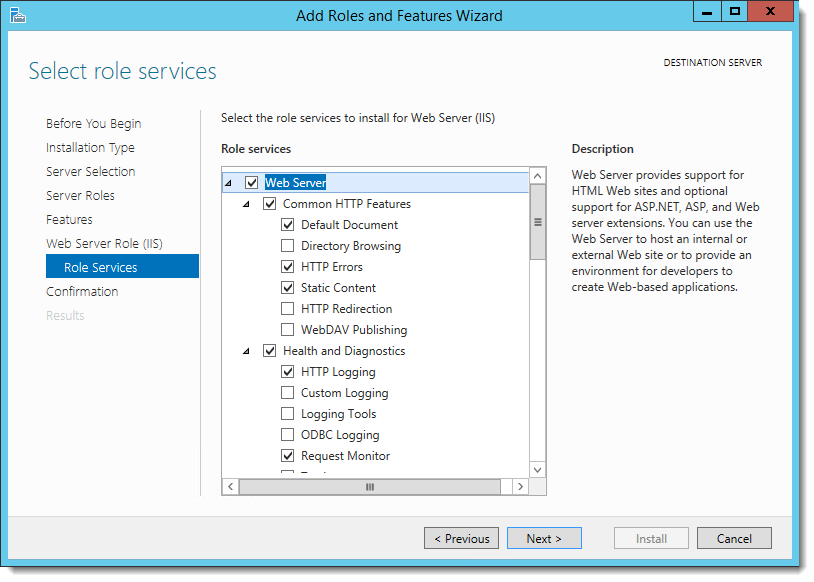 This figure shows the Add Roles and Features Wizard page where you expand and select the Web Server role services.