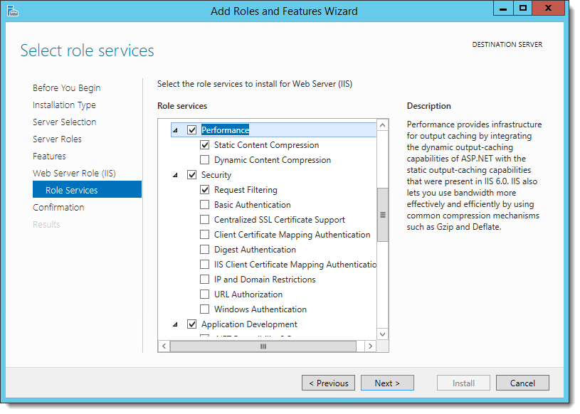 This figure shows the Add Roles and Features Wizard page where you select the Performance and Security role services.