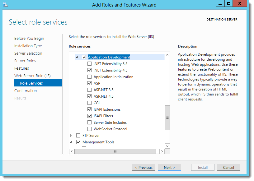 This figure shows the Add Roles and Features Wizard page where you select the Application Development role services.