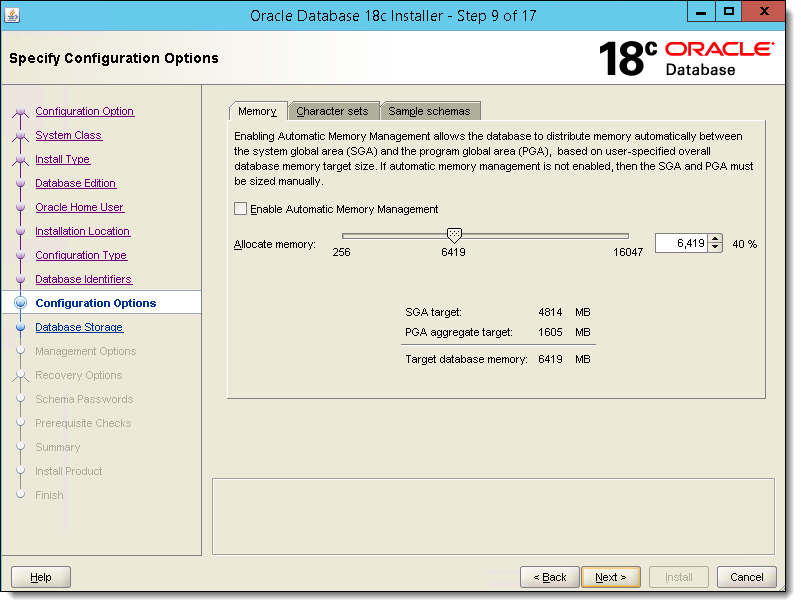 This figure shows the Specify Configuration Options window, specifically the Memory, Character sets, and Sample schemas tabs.