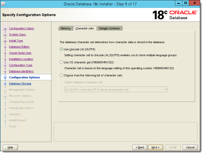 This figure shows the Specify Configuration Options window, specifically the Character sets tab.