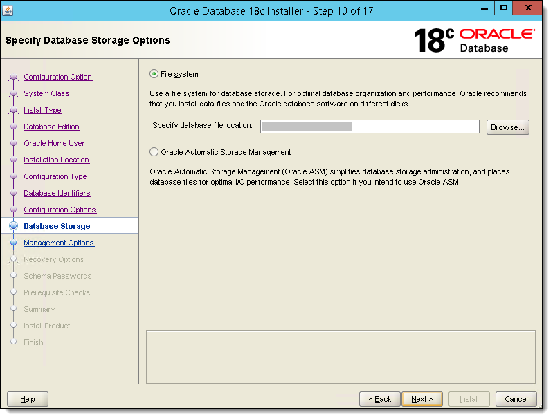 This figure shows the Specify Database Storage Options window.