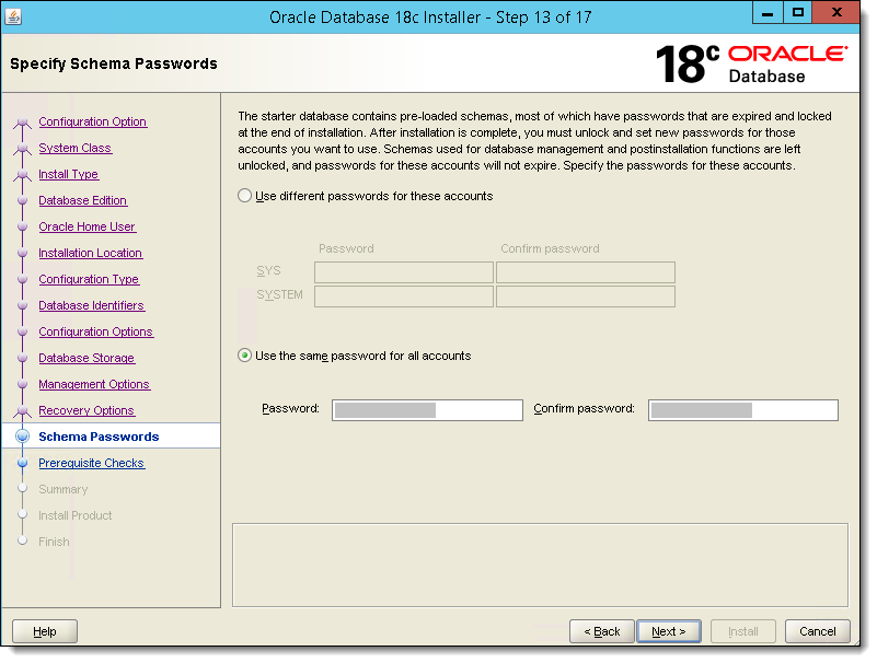 This figure shows the Specify Schema Passwords window.