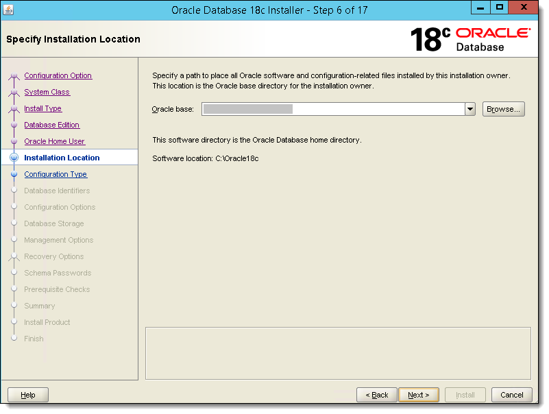 This figure shows the Specify Installation Location window, where the path is entered to store the Oracle Database software and configuration files.