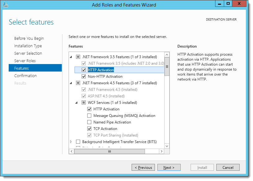 This figure shows the .Net Framework and WCF configuration options.