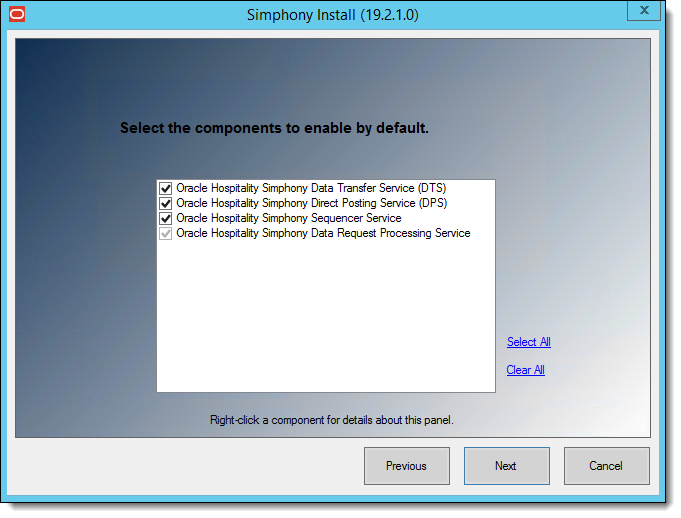 This figure shows the Simphony Install wizard page where you select the components that you want to be enabled by default.