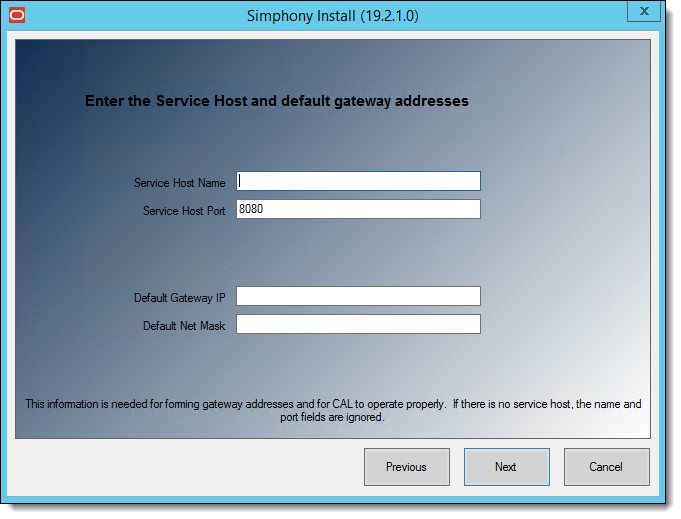 This figure shows the Simphony Install wizard page where you specify the Service Host Name and Port number as well as the Default Gateway IP addresses.