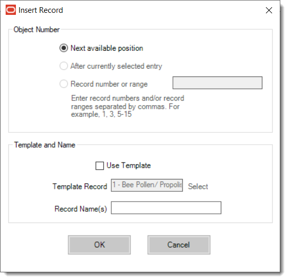 This figure shows an insert record window for adding Allergen Names.