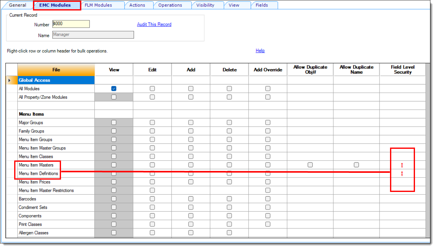 This figure shows the Roles module, specifically the EMC Modules tab and the restriction indicators which show in the Field Level Security column.
