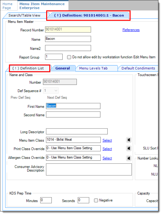 This figure shows the form view of the MI Definition module, specifically the restriction indicators which are showing on two of this MI Definition record’s tabs.