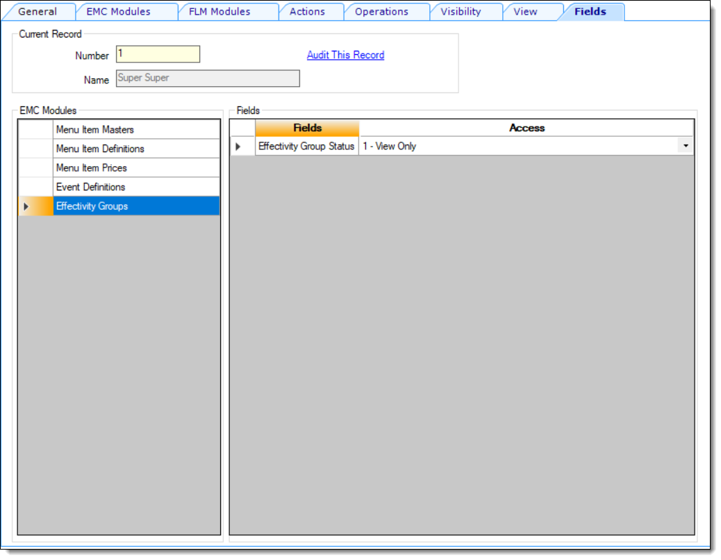 This figure shows the Roles module, Fields tab, specifically the available Effectivity Groups field settings.