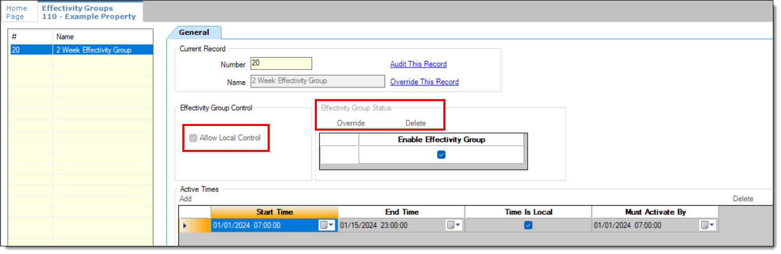This figure shows the Effectivity Groups module and the grayed out fields which have restricted access as configured from the Roles module via the Fields tab.