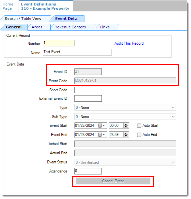 This figure shows the Event Definitions module and the grayed out fields which have restricted access as configured from the Roles module via the Fields tab.