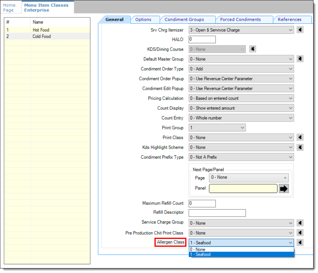 This figure shows the Menu Item Classes module’s Allergen Class field.