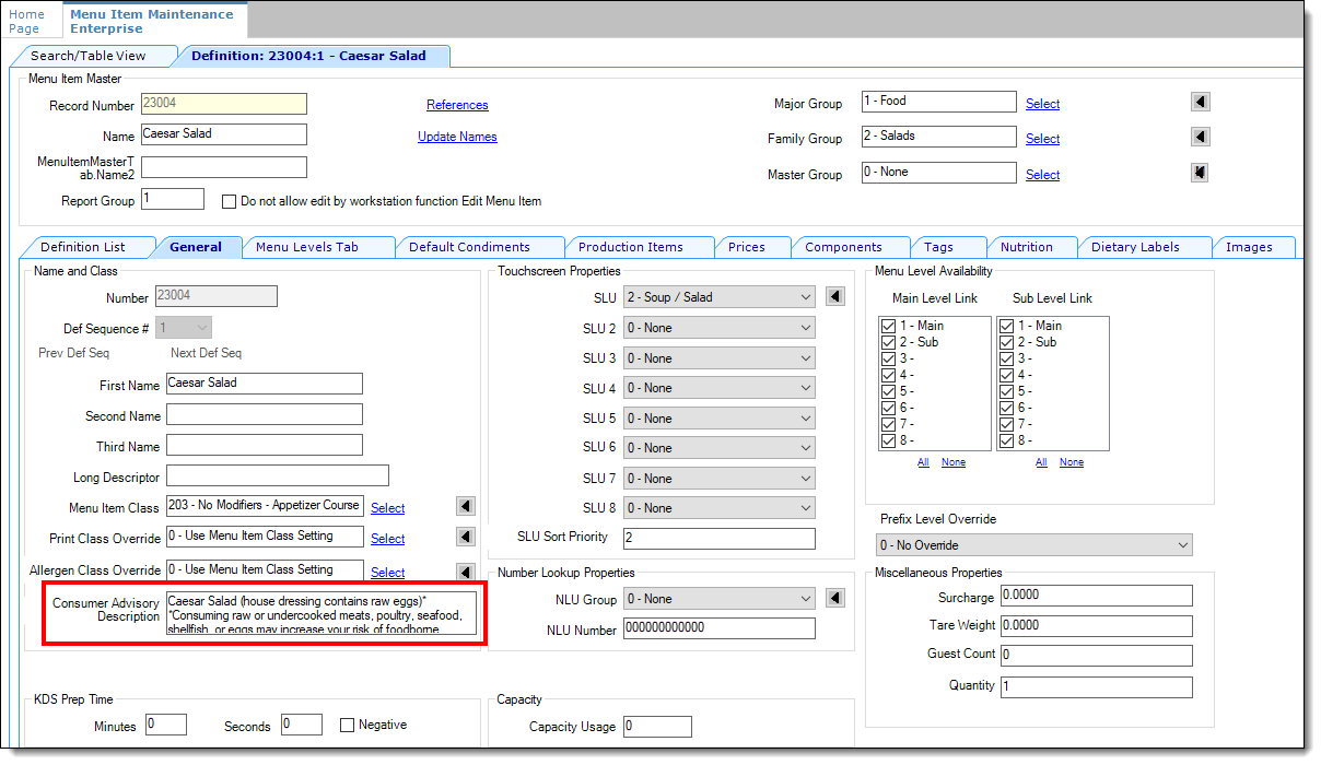 This figure shows the Menu Item Definition record’s Consumer Advisory Description field.