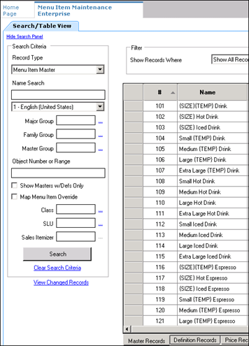 This figure shows a sample configuration for menu item master records that can be conversationally ordered.