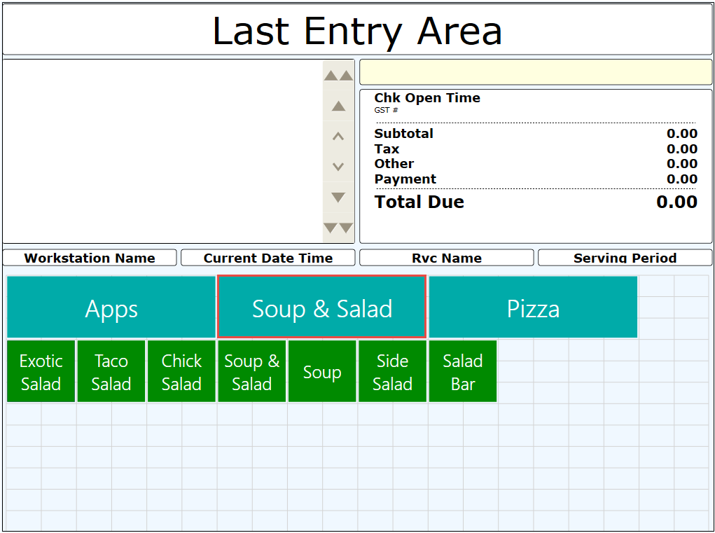 This figure shows a workstation touchscreen with SLUs, showing fewer buttons that are organized in groups (Soup and Salad with red outline).