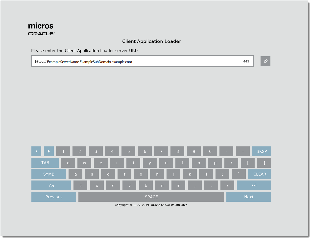 This figure shows the first CAL configuration screen where the CAL server’s URL and port number is entered.