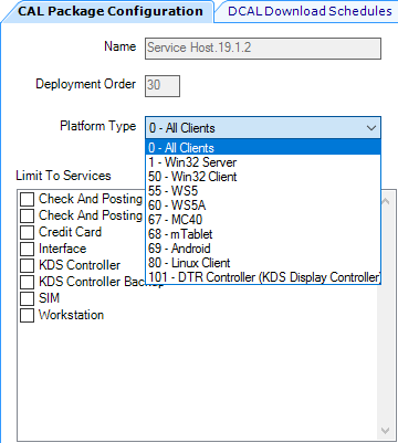 This figure shows the CAL Package Configuration tab and the available platform types as shown from the drop-down list.