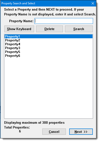 This figure shows the Property Search and Select screen.