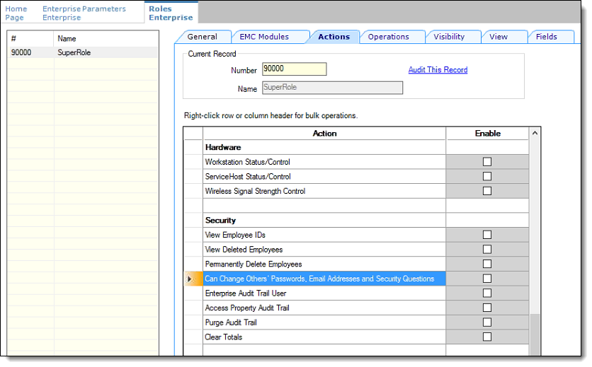 This figure shows the Roles module Actions tab Security settings.