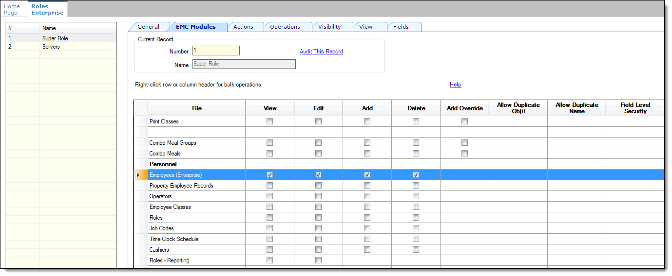 This figure shows the Roles module EMC Modules tab.