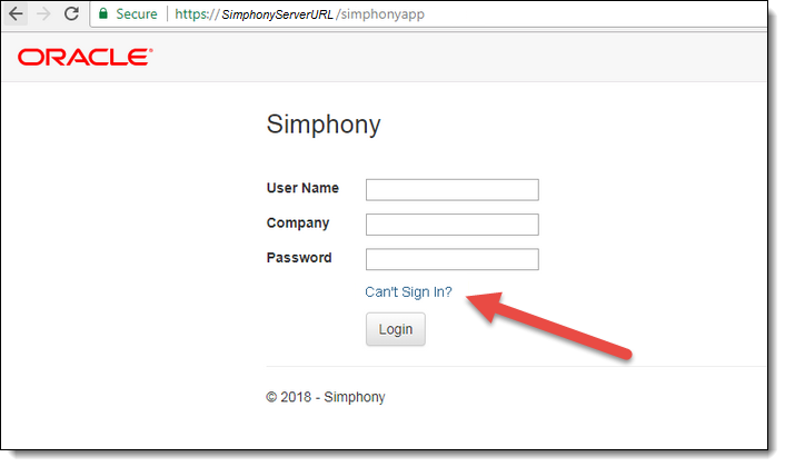 This figure shows the Simphony Web Portal logon screen. It indicates the Can’t Sign In? link with a red arrow.