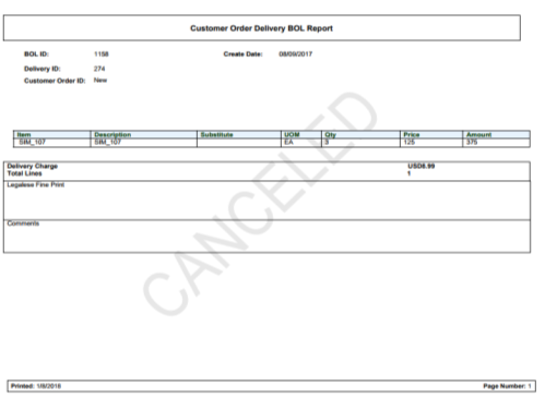 Customer Order Delivery BOL Report