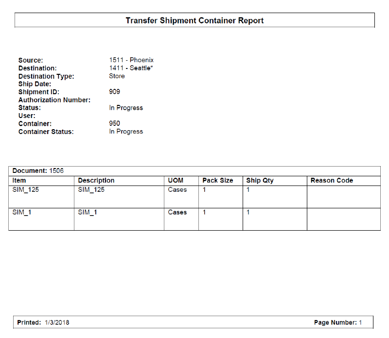 Transfer Shipment Carton Report