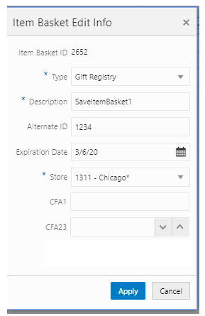 Item Basket Edit Info Popup
