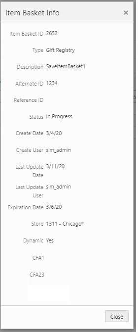 Item Basket Info Popup