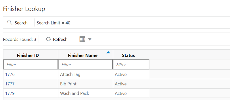 Finisher Lookup Screen