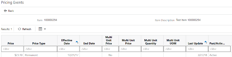Pricing Events Screen